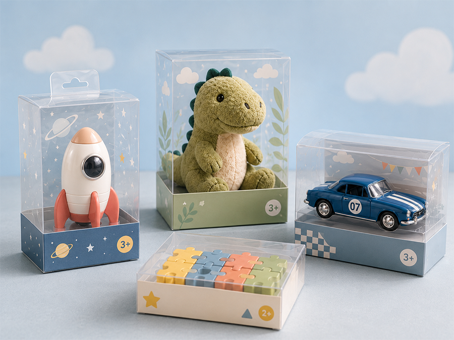 transparent toy packaging boxes with clear trays and printed sleeves