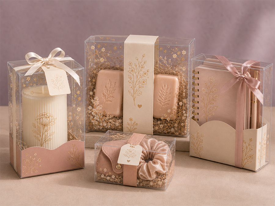 transparent gift packaging boxes with ribbons sleeves and inserts