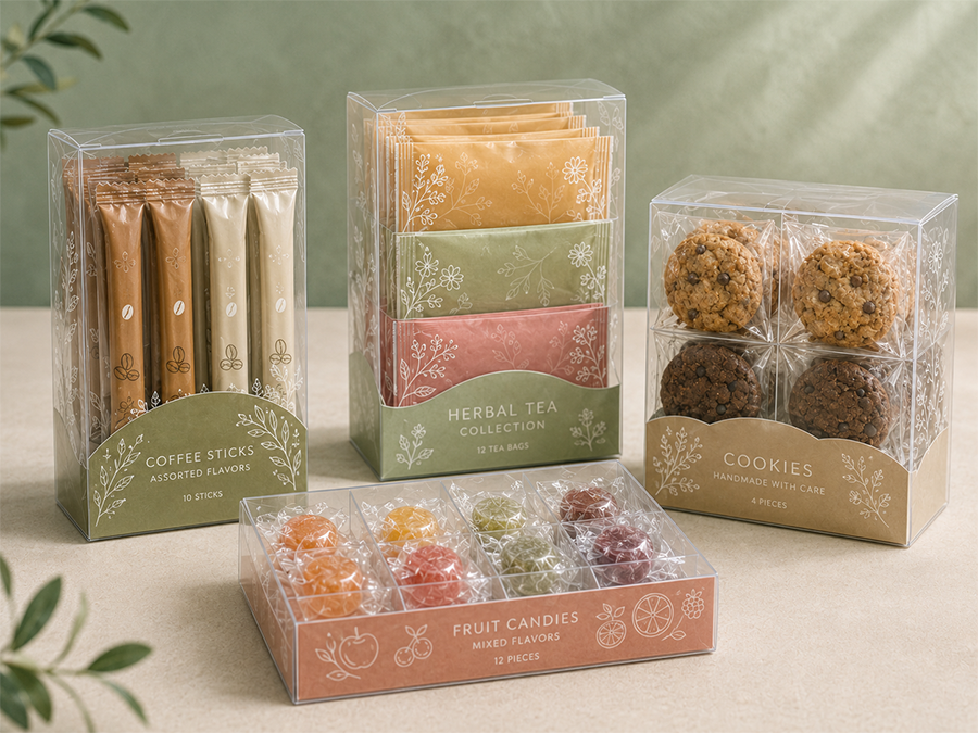 clear plastic food packaging for candy tea coffee and cookies