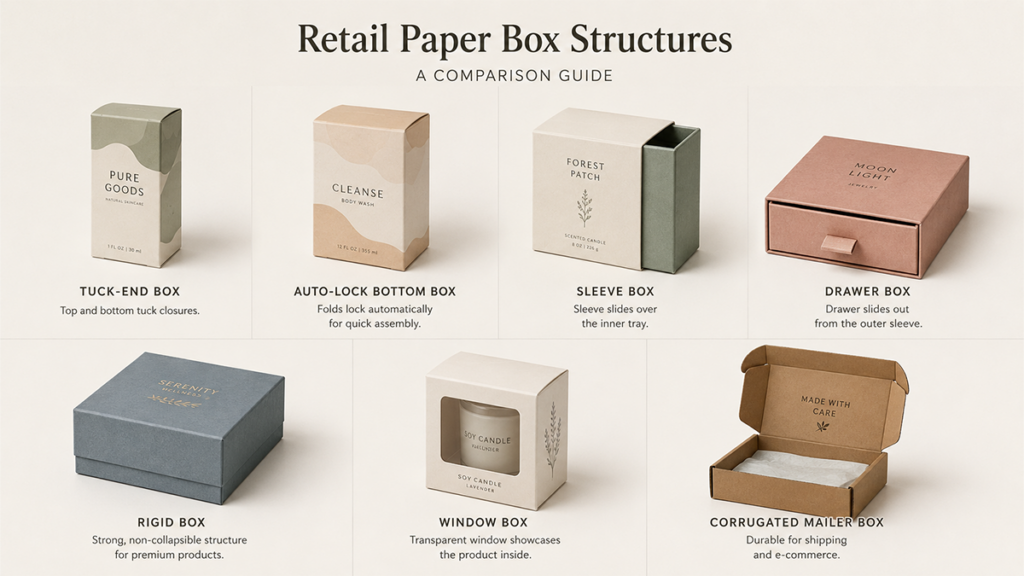 retail packaging box structures including tuck end rigid and mailer boxes