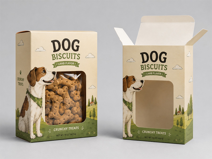 creative dog treat packaging with illustrated window design