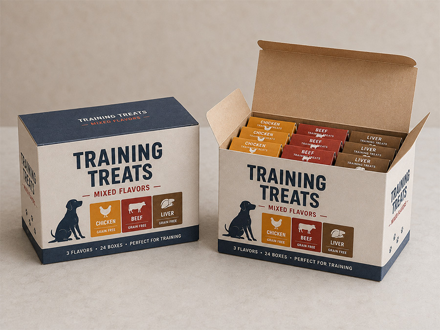 easy opening paper carton for individually wrapped pet treats